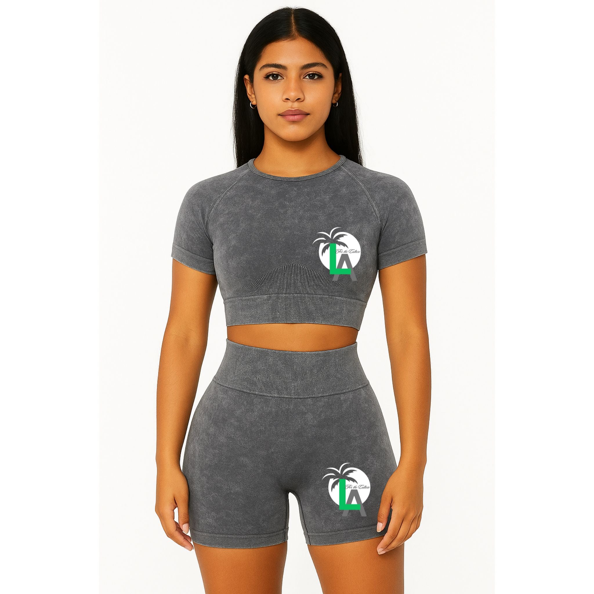 LA for the Culture Women’s 2-Piece Workout Set – Seamless Acid Wash Shorts & Crop Top