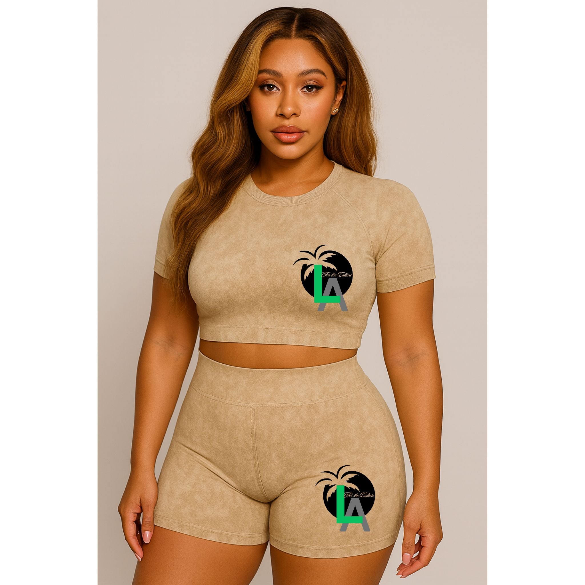 LA for the Culture Women’s 2-Piece Workout Set – Seamless Acid Wash Shorts & Crop Top