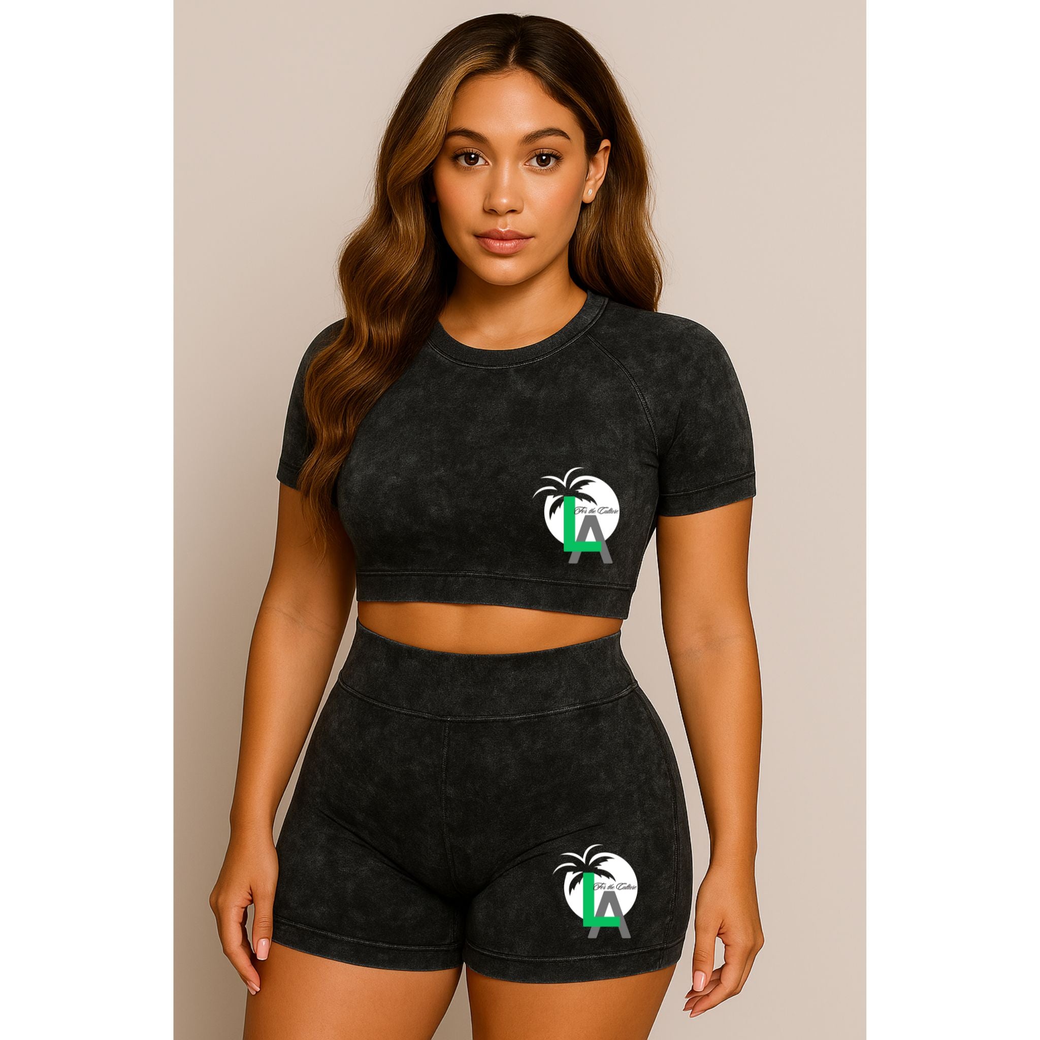 LA for the Culture Women’s 2-Piece Workout Set – Seamless Acid Wash Shorts & Crop Top
